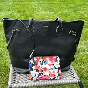 Lodis Bliss Leather Tote Bag w/ Structured Design & Floral Leather Wristlet. EUC